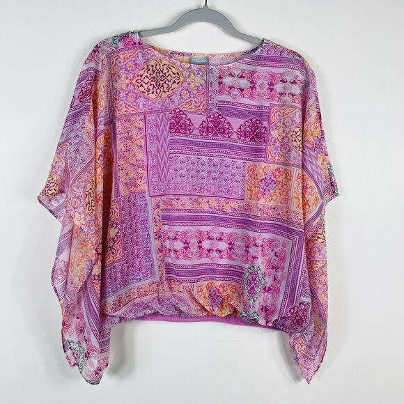 Chico's Size Small 4 6 0 Coastal Tile Bubble Hem Top Boho Casual Vacation - Picture 1 of 5